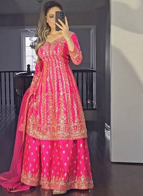 pink satin silk blend salwar suit dupatta 1