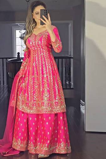 pink satin silk blend salwar suit dupatta