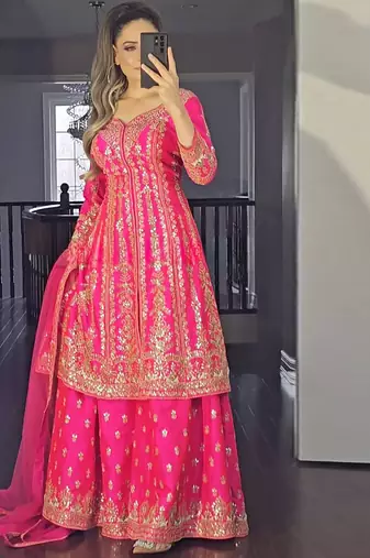 pink satin silk blend salwar suit dupatta
