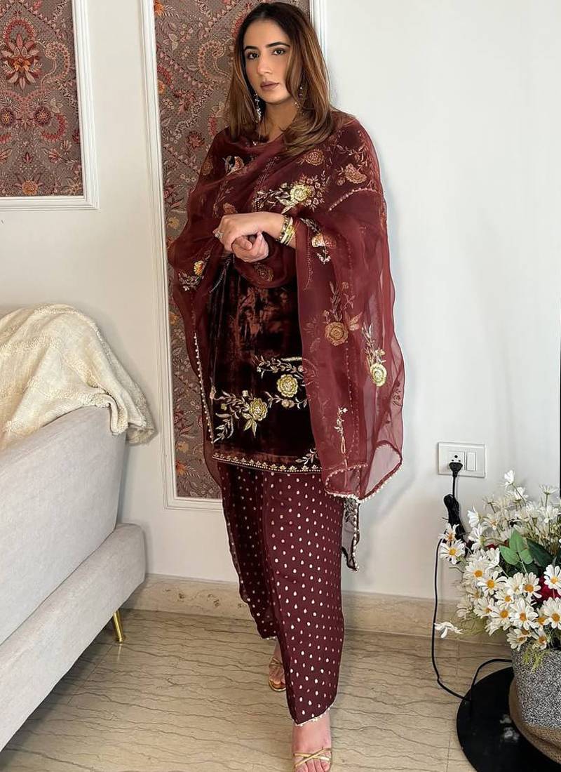 brown viscose velvet salwar suit dupatta