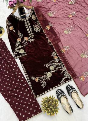 brown viscose velvet salwar suit dupatta 2