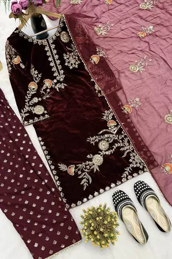 brown viscose velvet salwar suit dupatta