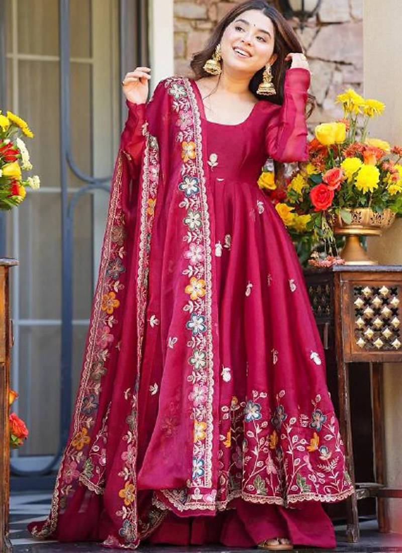 pink oragnza anarkali salwar suit dupatta