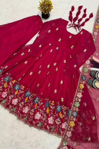 pink oragnza anarkali salwar suit dupatta