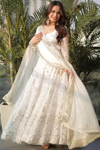white faux georgette anarkali salwar suit dupatta