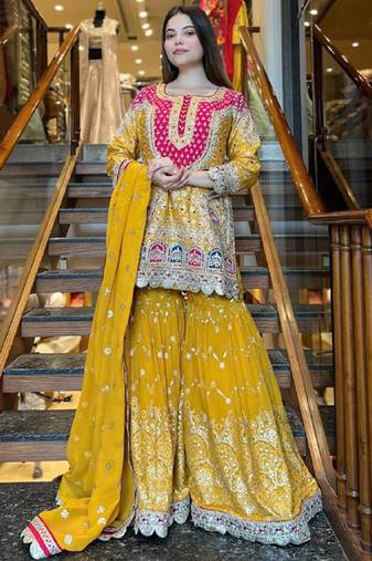yellow faux georgette salwar suit dupatta