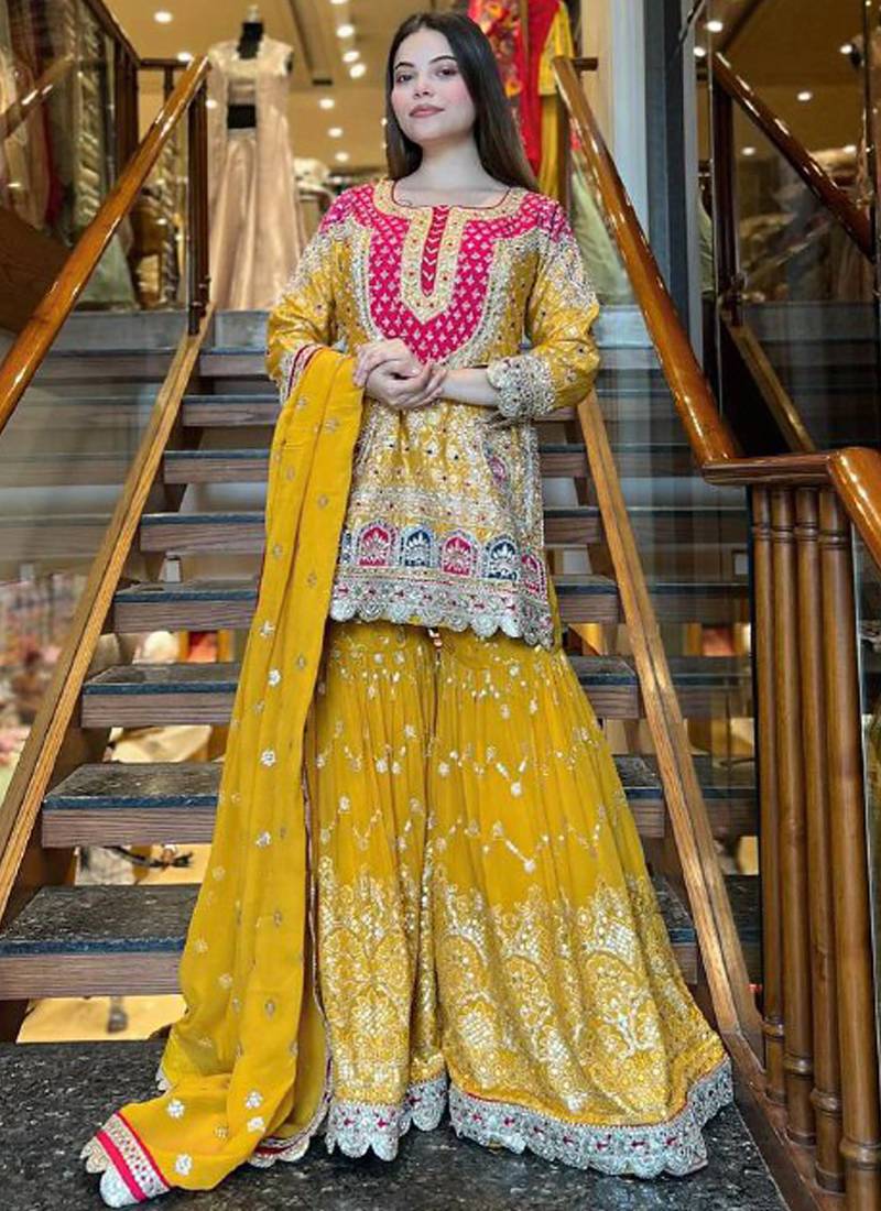 yellow faux georgette salwar suit dupatta