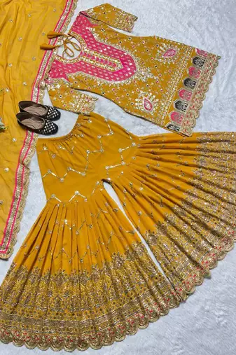 yellow faux georgette salwar suit dupatta