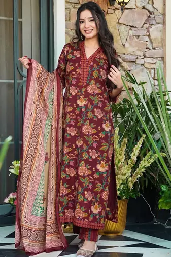 Maroon heavy muslin salwar suit with dupatta
