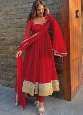 red faux anarkali suit dupatta 1