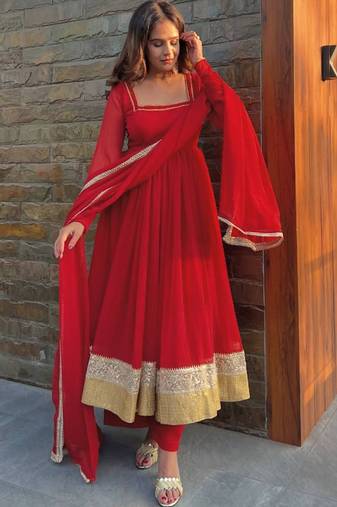 red faux anarkali suit dupatta