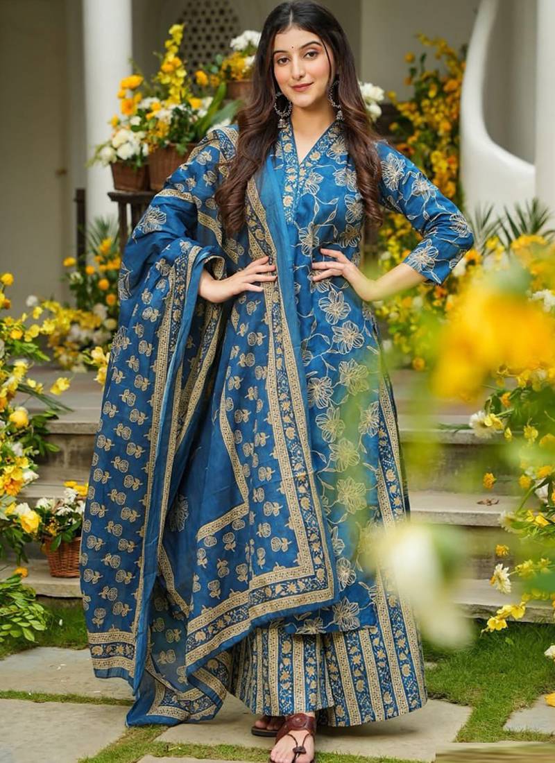 Blue heavy muslin salwar suit with dupatta
