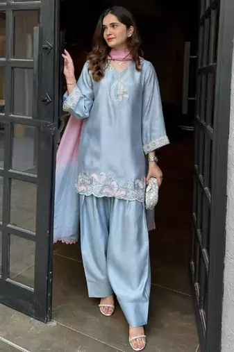 grey satin silk blend salwar suit dupatta