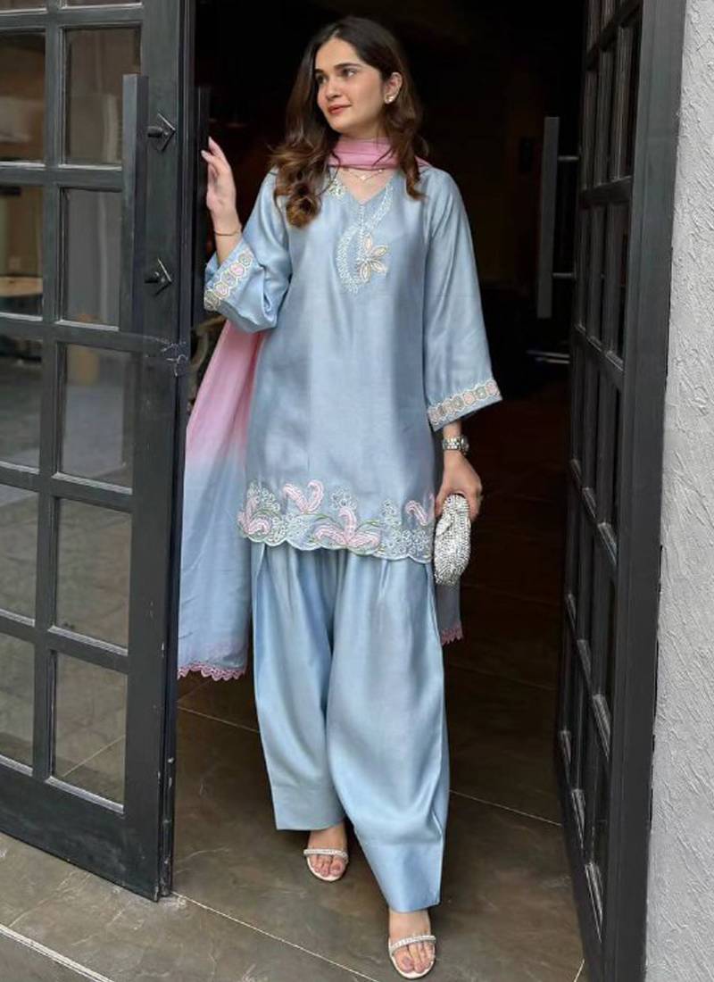 grey satin silk blend salwar suit dupatta