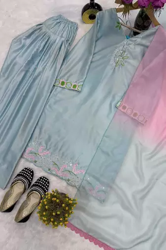 grey satin silk blend salwar suit dupatta