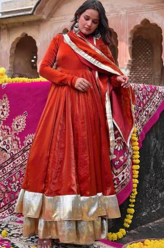 orange silk blend anarkali salwar suit dupatta