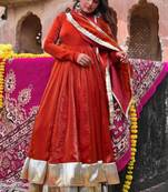 orange silk blend anarkali salwar suit dupatta
