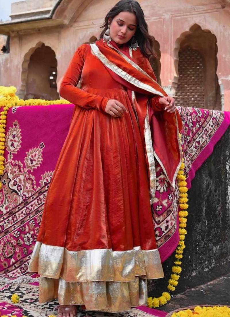 orange silk blend anarkali salwar suit dupatta