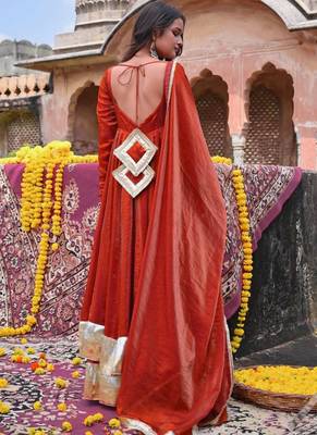 orange silk blend anarkali salwar suit dupatta 2
