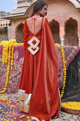 orange silk blend anarkali salwar suit dupatta