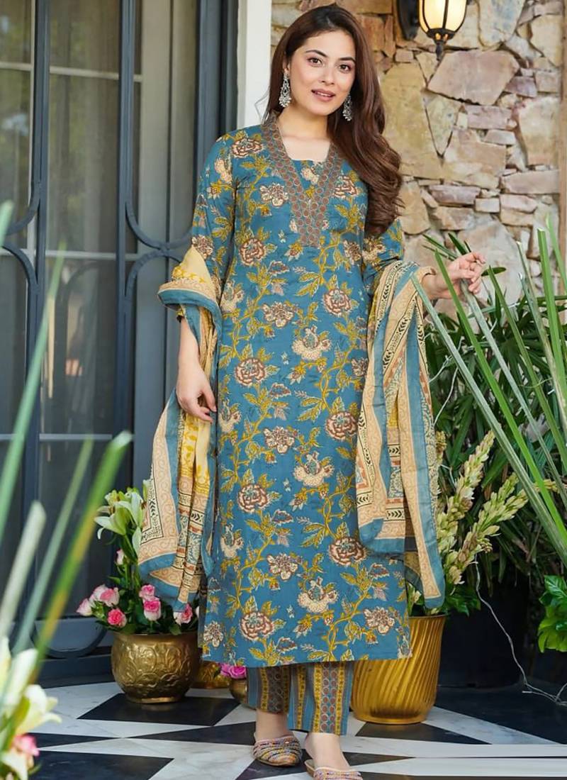 Blue heavy muslin salwar suit with dupatta