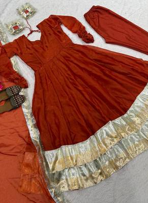 orange silk blend anarkali salwar suit dupatta 3