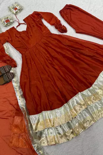 orange silk blend anarkali salwar suit dupatta