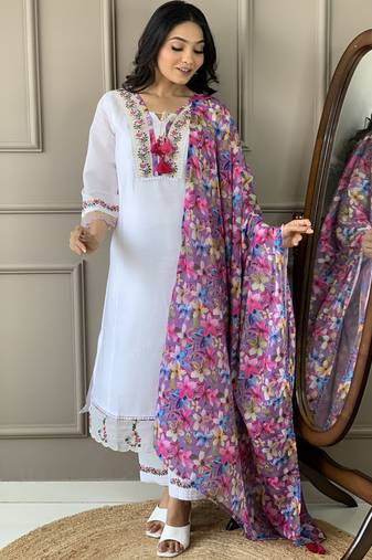 white chanderi silk blend salwar suit with dupatta
