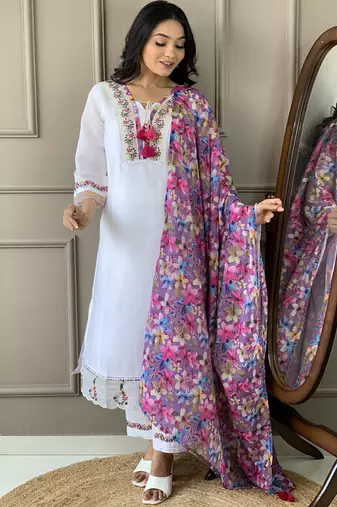white chanderi silk blend salwar suit with dupatta
