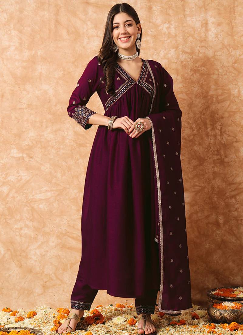 wine vichitra silk blend anarkali suit