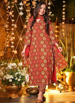 Orange heavy muslin salwar suit with dupatta 1