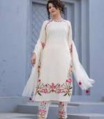 Elegant white floral embroidered cotton kurta set with net dupatta