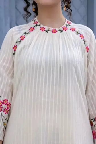 Elegant white floral embroidered cotton kurta set with net dupatta