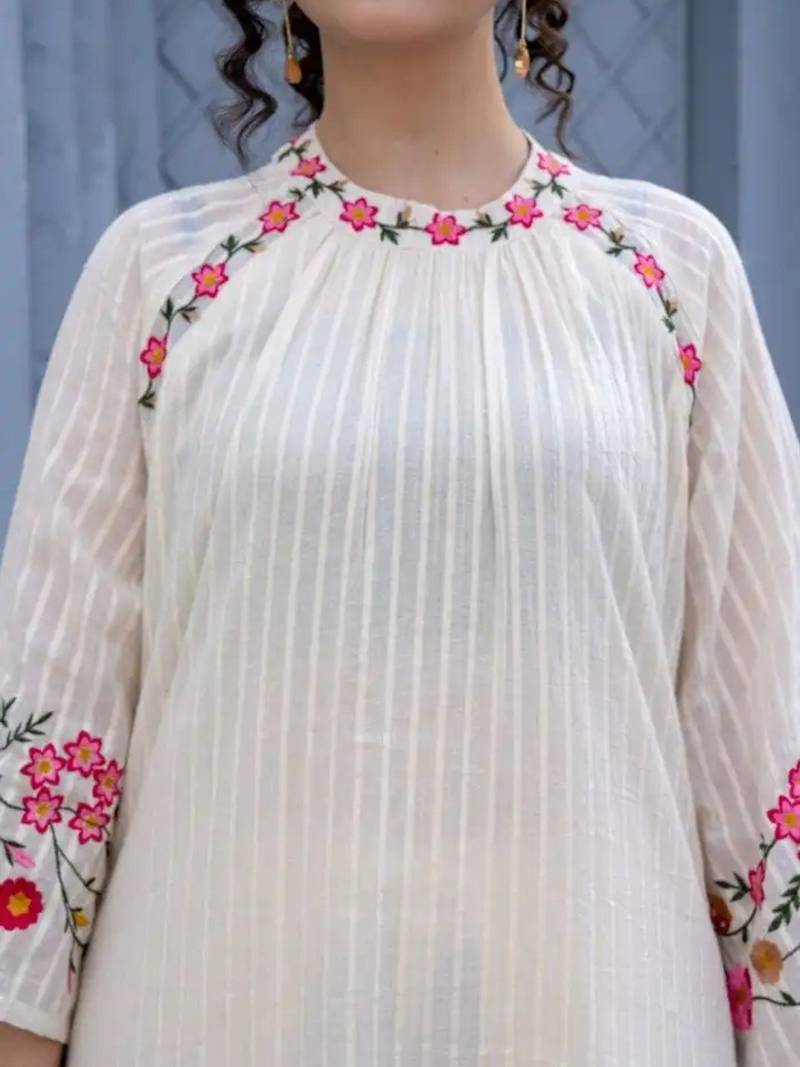 Elegant white floral embroidered cotton kurta set with net dupatta