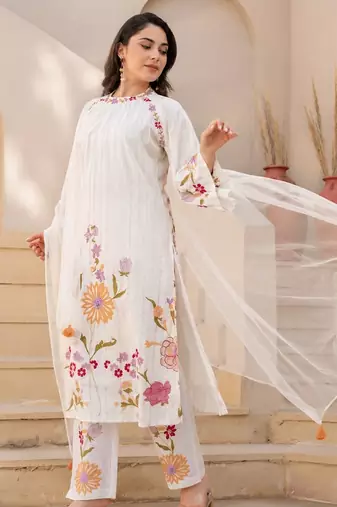White floral embroidered cotton kurta set with net dupatta