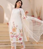 White floral embroidered cotton kurta set with net dupatta
