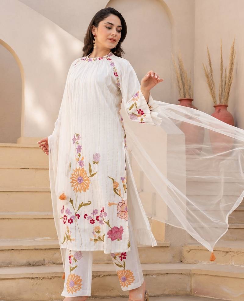 White floral embroidered cotton kurta set with net dupatta