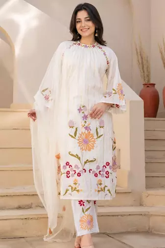 White floral embroidered cotton kurta set with net dupatta
