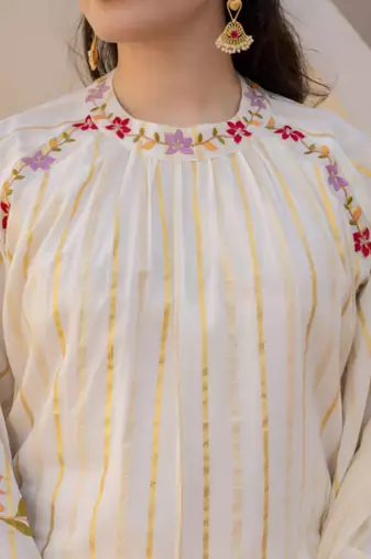 White floral embroidered cotton kurta set with net dupatta