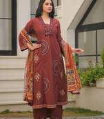 Rust maroon pure cotton a-line kurta set with applique work and mirror embroidery
