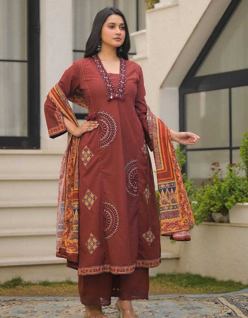 Rust maroon pure cotton a-line kurta set with applique work and mirror embroidery