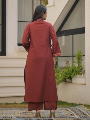 Rust maroon pure cotton a-line kurta set with applique work and mirror embroidery 2