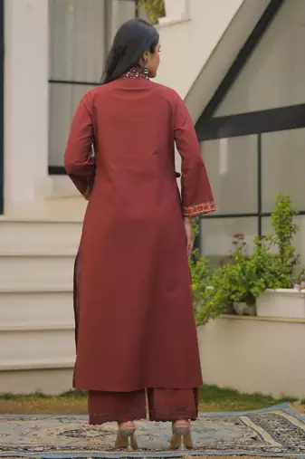 Rust maroon pure cotton a-line kurta set with applique work and mirror embroidery