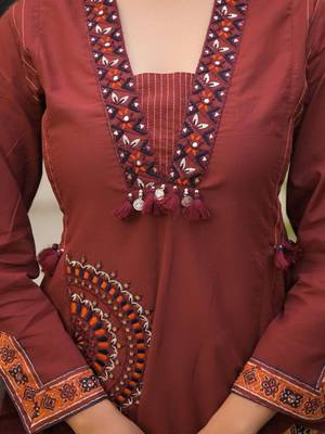 Rust maroon pure cotton a-line kurta set with applique work and mirror embroidery 3