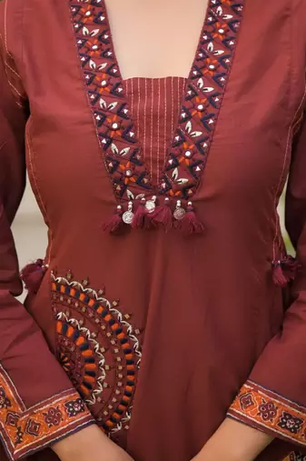 Rust maroon pure cotton a-line kurta set with applique work and mirror embroidery