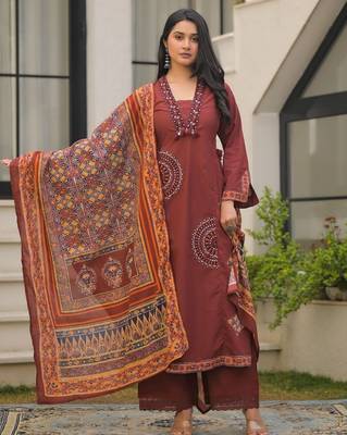 Rust maroon pure cotton a-line kurta set with applique work and mirror embroidery 4