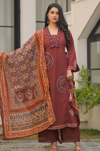 Rust maroon pure cotton a-line kurta set with applique work and mirror embroidery
