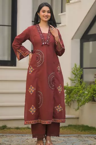 Rust maroon pure cotton a-line kurta set with applique work and mirror embroidery