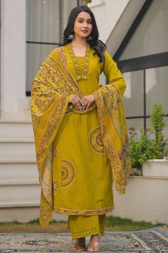 Mustard yellow pure cotton a-line kurta set with applique work and mirror embroidery