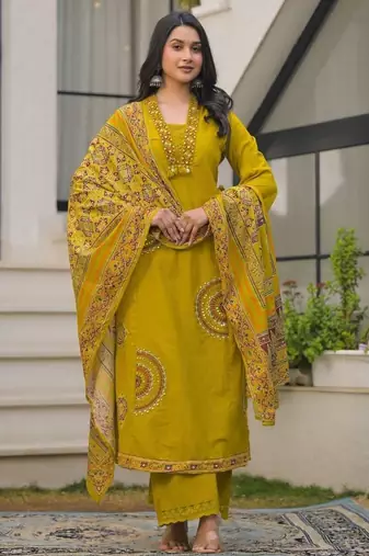 Mustard yellow pure cotton a-line kurta set with applique work and mirror embroidery